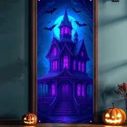 Halloween Door Cover Neon Haunted House with Full Moon Banner, Glowing Blacklight Entrance Decoration for Outdoor & Indoor 2025 Halloween Bedroom, Living Room, Bathroom