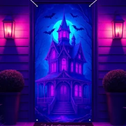 Halloween Door Cover Neon Haunted House with Full Moon Banner, Glowing Blacklight Entrance Decoration for Outdoor & Indoor 2025 Halloween Bedroom, Living Room, Bathroom
