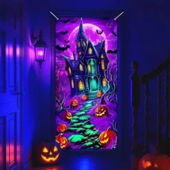 Halloween Door Cover Neon Haunted House with Full Moon Banner, Glowing Blacklight Entrance Decoration for Outdoor & Indoor 2025 Halloween Bedroom, Living Room, Bathroom
