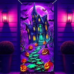 Halloween Door Cover Neon Haunted House with Full Moon Banner, Glowing Blacklight Entrance Decoration for Outdoor & Indoor 2025 Halloween Bedroom, Living Room, Bathroom