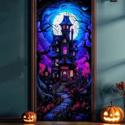 Halloween Door Cover Neon Haunted House with Full Moon Banner, Glowing Blacklight Entrance Decoration for Outdoor & Indoor 2025 Halloween Bedroom, Living Room, Bathroom