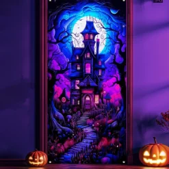 Halloween Door Cover Neon Haunted House with Full Moon Banner, Glowing Blacklight Entrance Decoration for Outdoor & Indoor 2025 Halloween Bedroom, Living Room, Bathroom