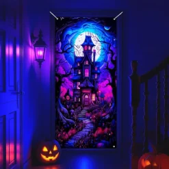 Halloween Door Cover Neon Haunted House with Full Moon Banner, Glowing Blacklight Entrance Decoration for Outdoor & Indoor 2025 Halloween Bedroom, Living Room, Bathroom