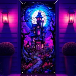 Halloween Door Cover Neon Haunted House with Full Moon Banner, Glowing Blacklight Entrance Decoration for Outdoor & Indoor 2025 Halloween Bedroom, Living Room, Bathroom