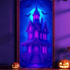 Halloween Door Cover Neon Haunted House with Full Moon Banner, Glowing Blacklight Entrance Decoration for Outdoor & Indoor 2025 Halloween Bedroom, Living Room, Bathroom