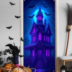 Halloween Door Cover Neon Haunted House with Full Moon Banner, Glowing Blacklight Entrance Decoration for Outdoor & Indoor 2025 Halloween Bedroom, Living Room, Bathroom