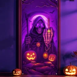 Halloween Door Cover Neon Pumpkin Head Grim Reaper Banner, Glowing Blacklight Entrance Decoration for Outdoor & Indoor 2025 Halloween Bedroom, Living Room, Bathroom