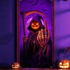 Halloween Door Cover Neon Pumpkin Head Grim Reaper Banner, Glowing Blacklight Entrance Decoration for Outdoor & Indoor 2025 Halloween Bedroom, Living Room, Bathroom