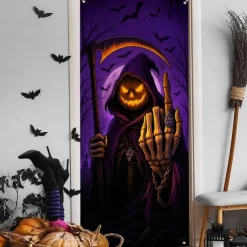 Halloween Door Cover Neon Pumpkin Head Grim Reaper Banner, Glowing Blacklight Entrance Decoration for Outdoor & Indoor 2025 Halloween Bedroom, Living Room, Bathroom