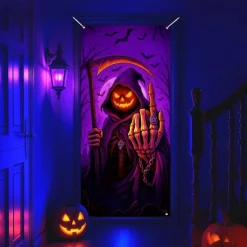 Halloween Door Cover Neon Pumpkin Head Grim Reaper Banner, Glowing Blacklight Entrance Decoration for Outdoor & Indoor 2025 Halloween Bedroom, Living Room, Bathroom