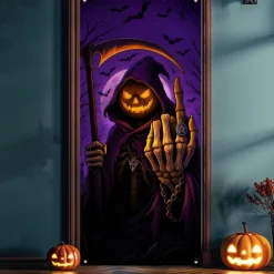 Halloween Door Cover Neon Pumpkin Head Grim Reaper Banner, Glowing Blacklight Entrance Decoration for Outdoor & Indoor 2025 Halloween Bedroom, Living Room, Bathroom