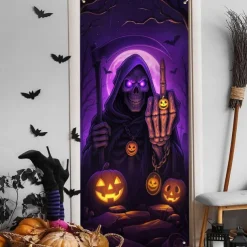 Halloween Door Cover Neon Pumpkin Head Grim Reaper Banner, Glowing Blacklight Entrance Decoration for Outdoor & Indoor 2025 Halloween Bedroom, Living Room, Bathroom