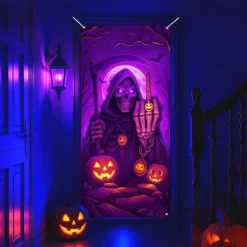 Halloween Door Cover Neon Pumpkin Head Grim Reaper Banner, Glowing Blacklight Entrance Decoration for Outdoor & Indoor 2025 Halloween Bedroom, Living Room, Bathroom