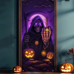 Halloween Door Cover Neon Pumpkin Head Grim Reaper Banner, Glowing Blacklight Entrance Decoration for Outdoor & Indoor 2025 Halloween Bedroom, Living Room, Bathroom