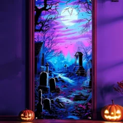 Halloween Door Cover Neon Graveyard with Full Moon Banner, Glowing Blacklight Entrance Decoration for Outdoor & Indoor 2025 Halloween Bedroom, Living Room, Bathroom