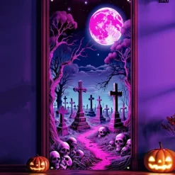 Halloween Door Cover Neon Graveyard with Full Moon Banner, Glowing Blacklight Entrance Decoration for Outdoor & Indoor 2025 Halloween Bedroom, Living Room, Bathroom