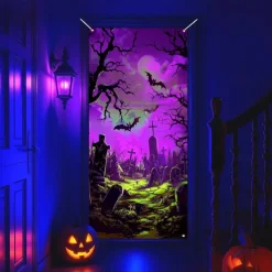 Halloween Door Cover Neon Graveyard with Full Moon Banner, Glowing Blacklight Entrance Decoration for Outdoor & Indoor 2025 Halloween Bedroom, Living Room, Bathroom