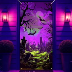Halloween Door Cover Neon Graveyard with Full Moon Banner, Glowing Blacklight Entrance Decoration for Outdoor & Indoor 2025 Halloween Bedroom, Living Room, Bathroom