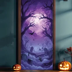 Halloween Door Cover Neon Graveyard with Full Moon Banner, Glowing Blacklight Entrance Decoration for Outdoor & Indoor 2025 Halloween Bedroom, Living Room, Bathroom