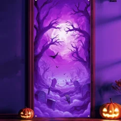 Halloween Door Cover Neon Graveyard with Full Moon Banner, Glowing Blacklight Entrance Decoration for Outdoor & Indoor 2025 Halloween Bedroom, Living Room, Bathroom