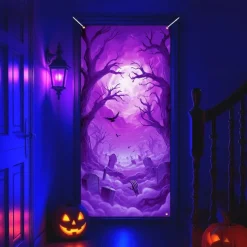 Halloween Door Cover Neon Graveyard with Full Moon Banner, Glowing Blacklight Entrance Decoration for Outdoor & Indoor 2025 Halloween Bedroom, Living Room, Bathroom