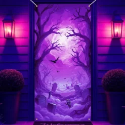 Halloween Door Cover Neon Graveyard with Full Moon Banner, Glowing Blacklight Entrance Decoration for Outdoor & Indoor 2025 Halloween Bedroom, Living Room, Bathroom