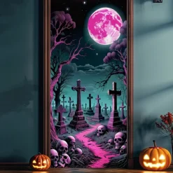Halloween Door Cover Neon Graveyard with Full Moon Banner, Glowing Blacklight Entrance Decoration for Outdoor & Indoor 2025 Halloween Bedroom, Living Room, Bathroom