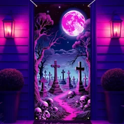 Halloween Door Cover Neon Graveyard with Full Moon Banner, Glowing Blacklight Entrance Decoration for Outdoor & Indoor 2025 Halloween Bedroom, Living Room, Bathroom