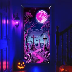 Halloween Door Cover Neon Graveyard with Full Moon Banner, Glowing Blacklight Entrance Decoration for Outdoor & Indoor 2025 Halloween Bedroom, Living Room, Bathroom
