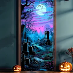 Halloween Door Cover Neon Graveyard with Full Moon Banner, Glowing Blacklight Entrance Decoration for Outdoor & Indoor 2025 Halloween Bedroom, Living Room, Bathroom