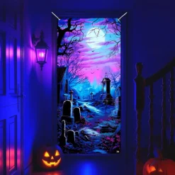 Halloween Door Cover Neon Graveyard with Full Moon Banner, Glowing Blacklight Entrance Decoration for Outdoor & Indoor 2025 Halloween Bedroom, Living Room, Bathroom