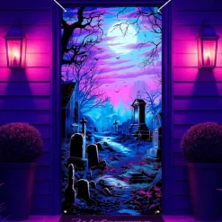 Halloween Door Cover Neon Graveyard with Full Moon Banner, Glowing Blacklight Entrance Decoration for Outdoor & Indoor 2025 Halloween Bedroom, Living Room, Bathroom