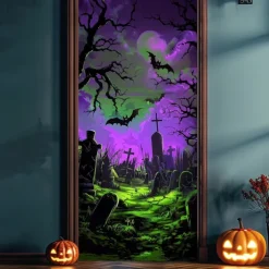 Halloween Door Cover Neon Graveyard with Full Moon Banner, Glowing Blacklight Entrance Decoration for Outdoor & Indoor 2025 Halloween Bedroom, Living Room, Bathroom