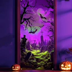 Halloween Door Cover Neon Graveyard with Full Moon Banner, Glowing Blacklight Entrance Decoration for Outdoor & Indoor 2025 Halloween Bedroom, Living Room, Bathroom