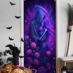 Halloween Door Cover Neon Skull Pile Banner, Glowing Blacklight Entrance Decoration for Outdoor & Indoor 2025 Halloween Bedroom, Living Room, Bathroom