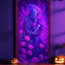 Halloween Door Cover Neon Skull Pile Banner, Glowing Blacklight Entrance Decoration for Outdoor & Indoor 2025 Halloween Bedroom, Living Room, Bathroom