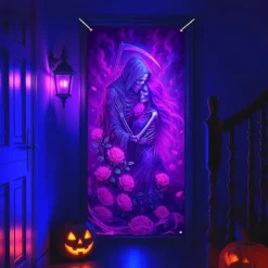 Halloween Door Cover Neon Skull Pile Banner, Glowing Blacklight Entrance Decoration for Outdoor & Indoor 2025 Halloween Bedroom, Living Room, Bathroom