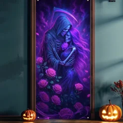 Halloween Door Cover Neon Skull Pile Banner, Glowing Blacklight Entrance Decoration for Outdoor & Indoor 2025 Halloween Bedroom, Living Room, Bathroom