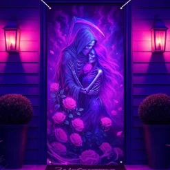 Halloween Door Cover Neon Skull Pile Banner, Glowing Blacklight Entrance Decoration for Outdoor & Indoor 2025 Halloween Bedroom, Living Room, Bathroom
