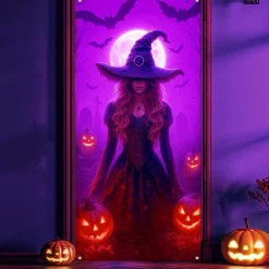 Halloween Door Cover Neon Witch Casting Spells Banner, Glowing Blacklight Entrance Decoration for Outdoor & Indoor 2025 Halloween Bedroom, Living Room, Bathroom