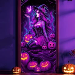 Halloween Door Cover Neon Witch Casting Spells Banner, Glowing Blacklight Entrance Decoration for Outdoor & Indoor 2025 Halloween Bedroom, Living Room, Bathroom