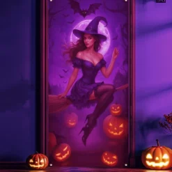 Halloween Door Cover Neon Witch Casting Spells Banner, Glowing Blacklight Entrance Decoration for Outdoor & Indoor 2025 Halloween Bedroom, Living Room, Bathroom