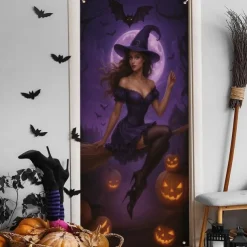 Halloween Door Cover Neon Witch Casting Spells Banner, Glowing Blacklight Entrance Decoration for Outdoor & Indoor 2025 Halloween Bedroom, Living Room, Bathroom