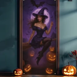 Halloween Door Cover Neon Witch Casting Spells Banner, Glowing Blacklight Entrance Decoration for Outdoor & Indoor 2025 Halloween Bedroom, Living Room, Bathroom