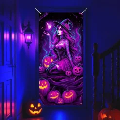 Halloween Door Cover Neon Witch Casting Spells Banner, Glowing Blacklight Entrance Decoration for Outdoor & Indoor 2025 Halloween Bedroom, Living Room, Bathroom