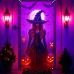 Halloween Door Cover Neon Witch Casting Spells Banner, Glowing Blacklight Entrance Decoration for Outdoor & Indoor 2025 Halloween Bedroom, Living Room, Bathroom