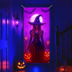 Halloween Door Cover Neon Witch Casting Spells Banner, Glowing Blacklight Entrance Decoration for Outdoor & Indoor 2025 Halloween Bedroom, Living Room, Bathroom