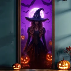 Halloween Door Cover Neon Witch Casting Spells Banner, Glowing Blacklight Entrance Decoration for Outdoor & Indoor 2025 Halloween Bedroom, Living Room, Bathroom