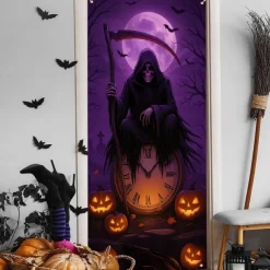 Halloween Door Cover Neon Grim Reaper with Lantern Banner, Glowing Blacklight Entrance Decoration for Outdoor & Indoor 2025 Halloween Bedroom, Living Room, Bathroom