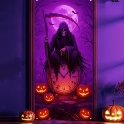 Halloween Door Cover Neon Grim Reaper with Lantern Banner, Glowing Blacklight Entrance Decoration for Outdoor & Indoor 2025 Halloween Bedroom, Living Room, Bathroom